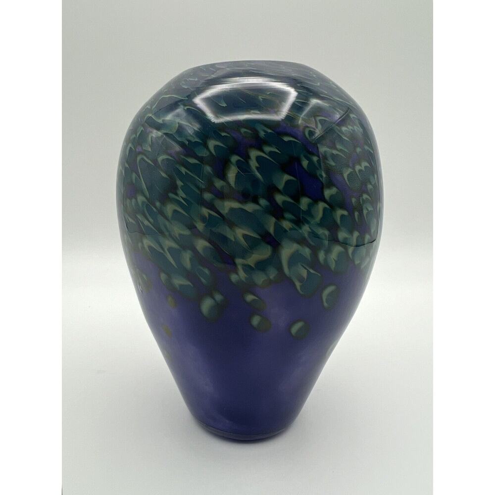 Hand Blown 6” Purple Art Glass Vase w Green & Blue Confetti Swirl ~ Signed